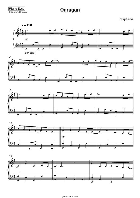 Ouragan - Stéphanie Piano Sheet Music Easy - Piano.Easy