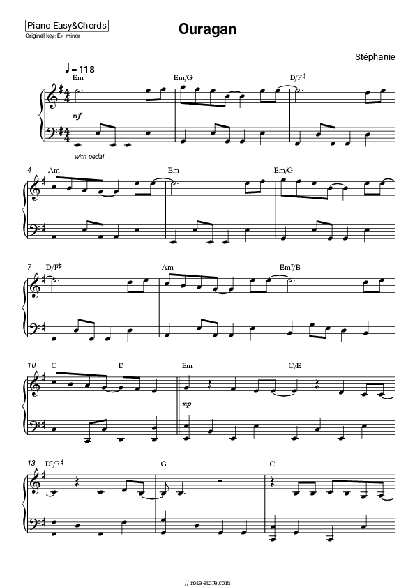 Ouragan - Stéphanie Sheet Music Easy and Chords - Piano.Easy&Chords