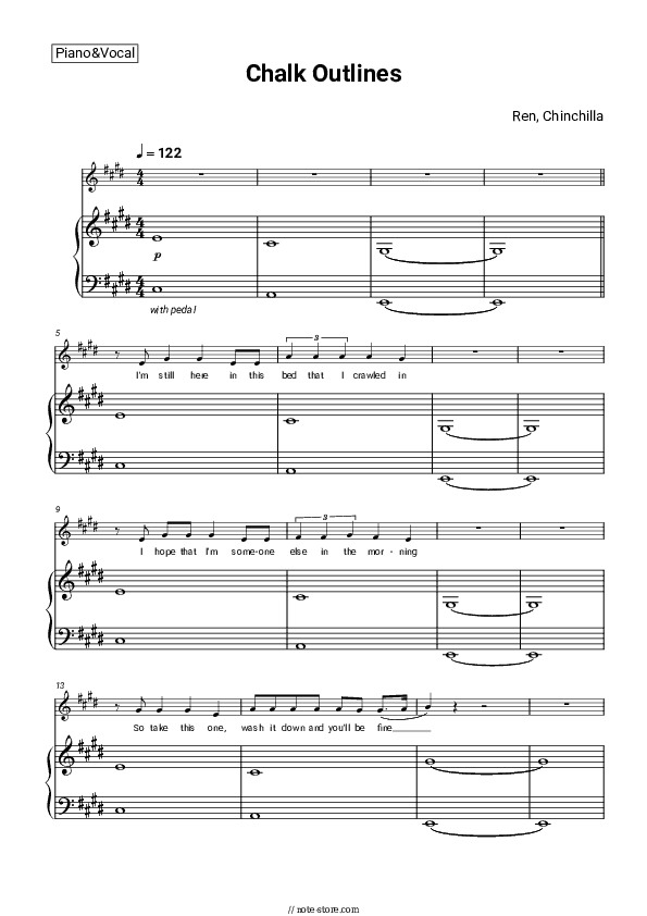 Chalk Outlines - Ren, Chinchilla Piano Sheet Music with the Voice part - Piano&Vocal