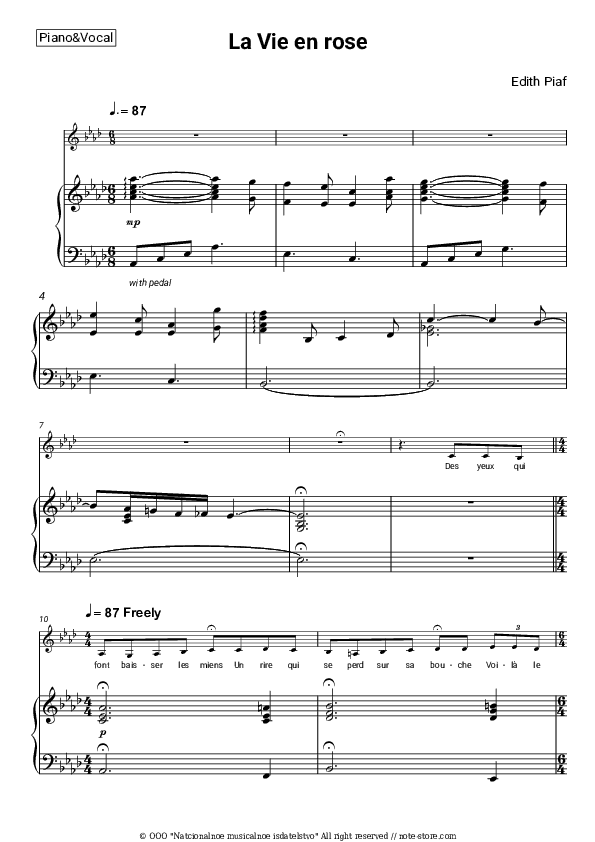 La Vie en rose - Edith Piaf Piano Sheet Music with the Voice part - Piano&Vocal