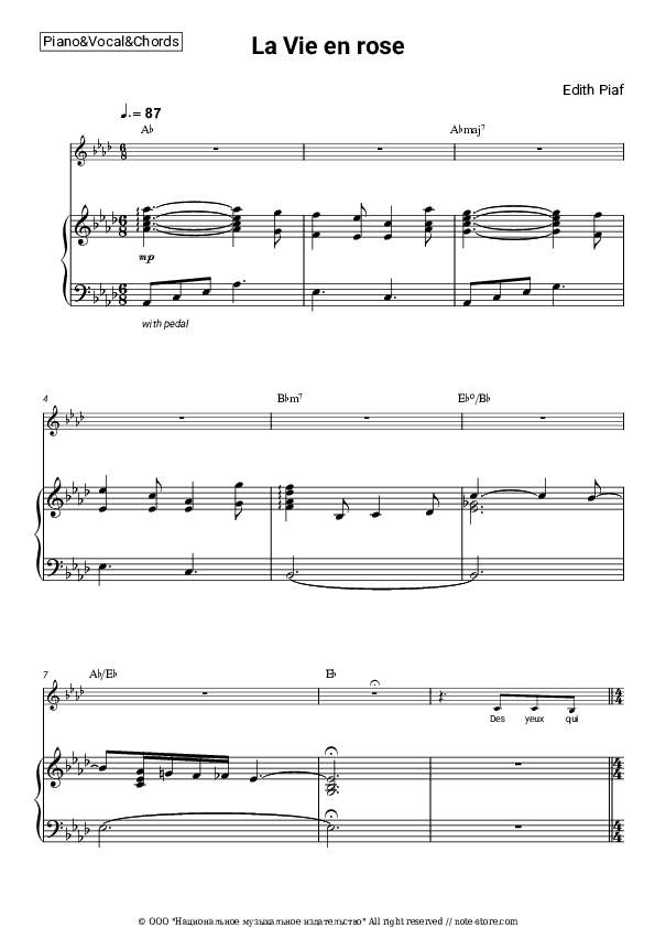 La Vie en rose - Edith Piaf Piano Sheet Music with the Vocal and Chords - Piano&Vocal&Chords