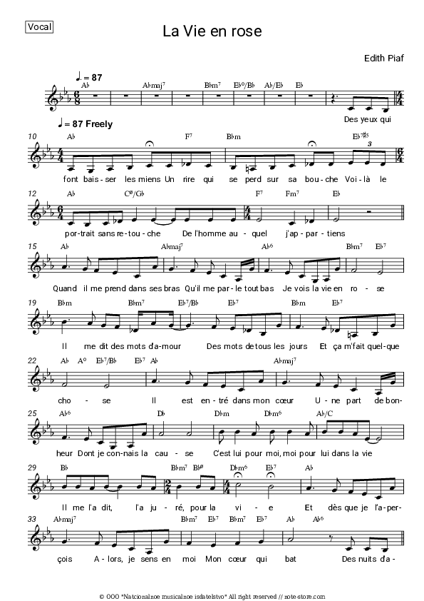 La Vie en rose - Edith Piaf Vocal Sheet Music - Vocal