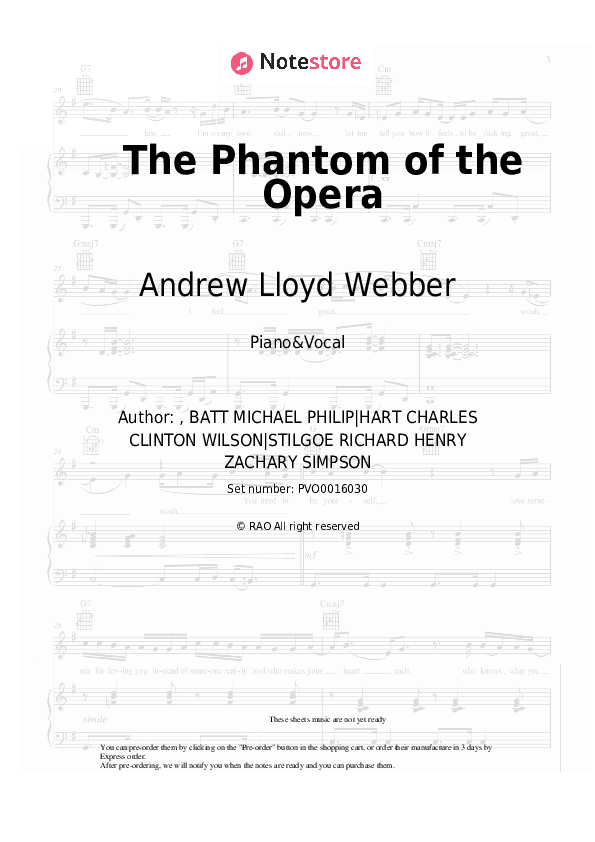 The Phantom of the Opera - Andrew Lloyd Webber Piano Sheet Music with the Voice part - Piano&Vocal