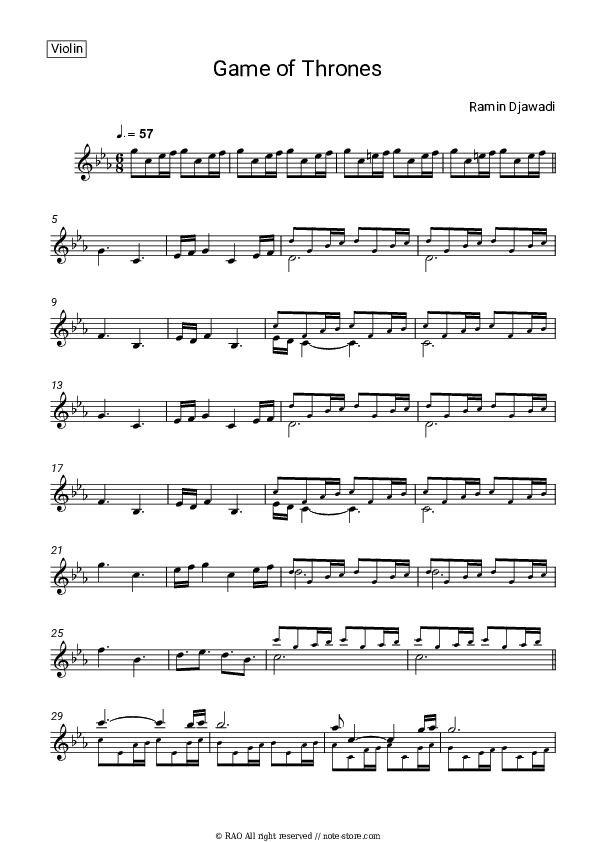 Game of Thrones - Main Title - Ramin Djawadi Violin Sheet Music - Violin