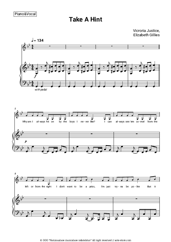 Take A Hint - Victoria Justice, Elizabeth Gillies Piano Sheet Music with the Voice part - Piano&Vocal