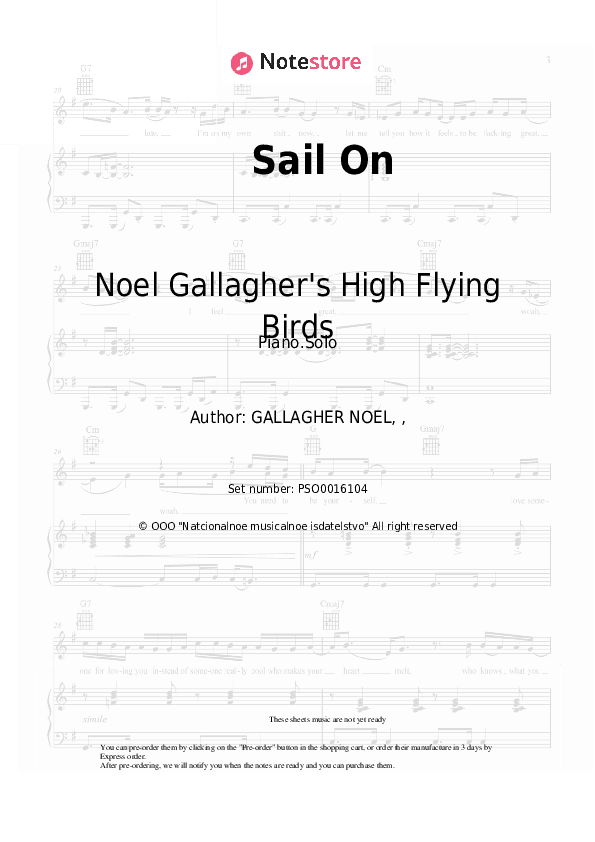 Sail On - Noel Gallagher's High Flying Birds Piano Sheet Music - Piano.Solo