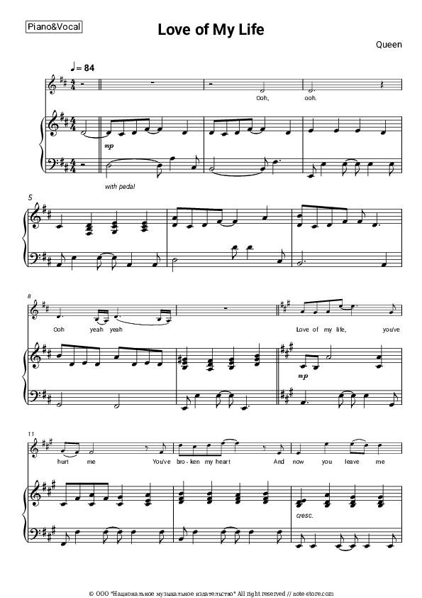 Love of My Life - Queen Piano Sheet Music with the Voice part - Piano&Vocal