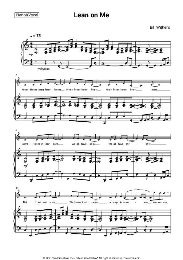 Lean on Me - Bill Withers Piano Sheet Music with the Voice part - Piano&Vocal