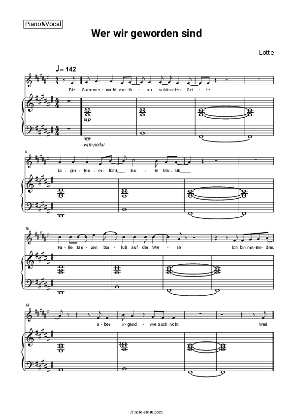 Wer wir geworden sind - LOTTE Piano Sheet Music with the Voice part - Piano&Vocal