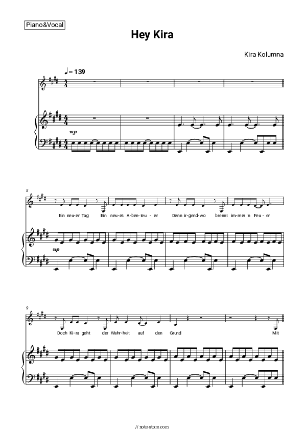 Hey Kira - Kira Kolumna Piano Sheet Music with the Voice part - Piano&Vocal