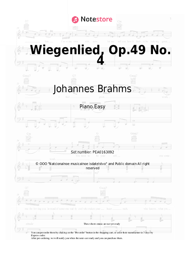 Wiegenlied, Op.49 No. 4 - Johannes Brahms Piano Sheet Music Easy - Piano.Easy