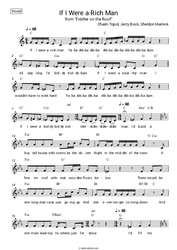 If I Were a Rich Man (from 'Fiddler on the Roof') - Chaim Topol, Jerry Bock, Sheldon Harnick Vocal Sheet Music - Vocal