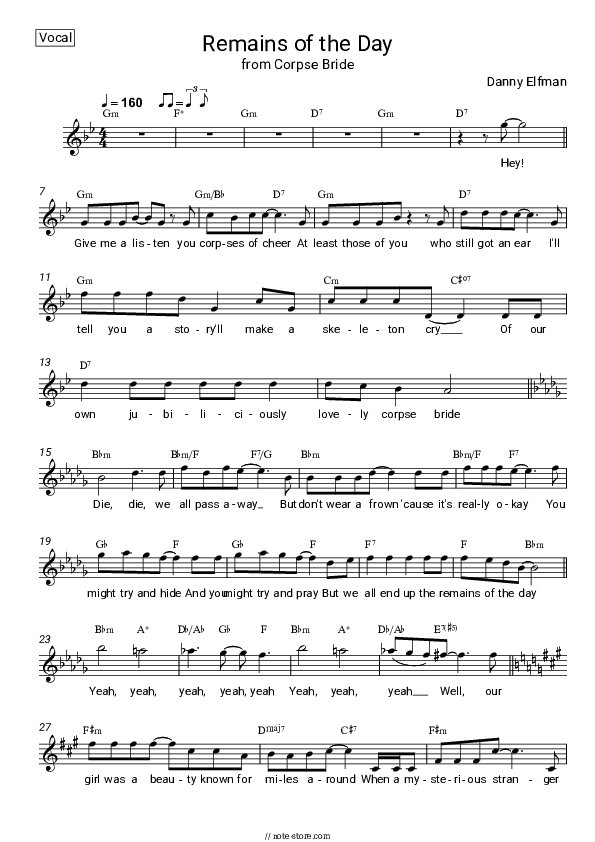 Remains of the Day (from Corpse Bride) - Danny Elfman Vocal Sheet Music - Vocal