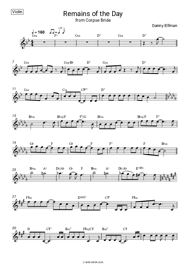 Remains of the Day (from Corpse Bride) - Danny Elfman Violin Sheet Music - Violin