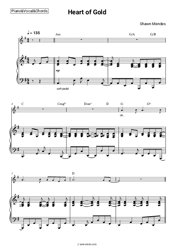 Heart of Gold - Shawn Mendes Piano Sheet Music with the Vocal and Chords - Piano&Vocal&Chords