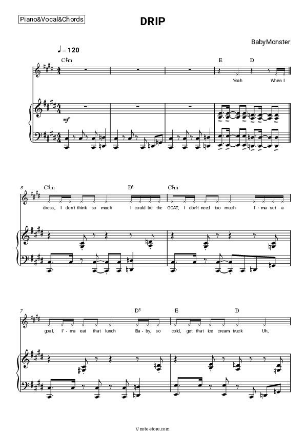 DRIP - BabyMonster Piano Sheet Music with the Vocal and Chords - Piano&Vocal&Chords