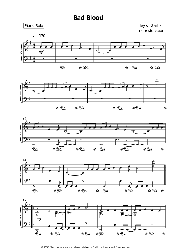 Bad Blood - Taylor Swift, Kendrick Lamar Piano Sheet Music - Piano.Solo