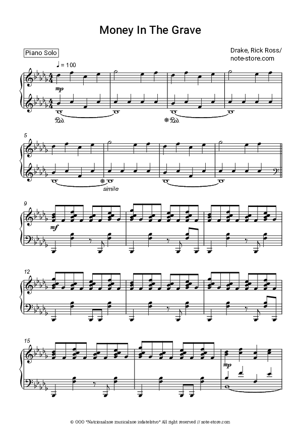 Money In The Grave - Drake, Rick Ross Piano Sheet Music - Piano.Solo