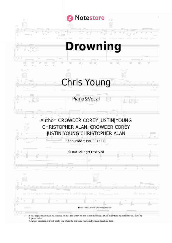 Drowning - Chris Young Piano Sheet Music with the Voice part - Piano&Vocal