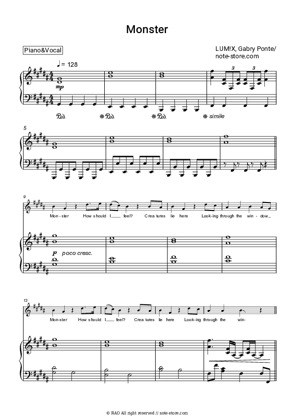 Monster - LUM!X, Gabry Ponte Piano Sheet Music with the Voice part - Piano&Vocal