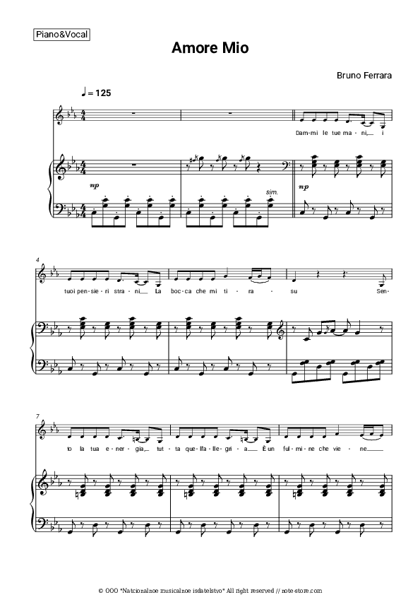 Amore mio - Bruno Ferrara Piano Sheet Music with the Voice part - Piano&Vocal