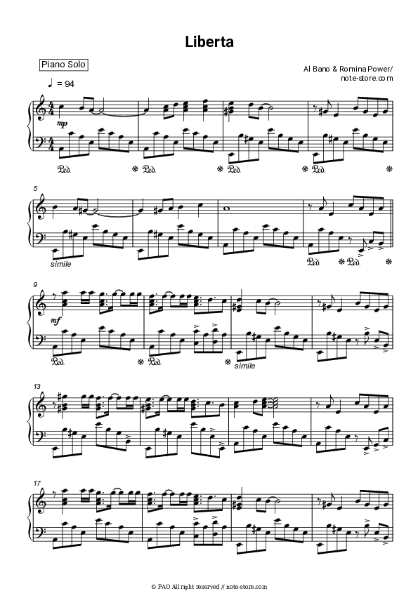 Liberta - Al Bano & Romina Power Piano Sheet Music - Piano.Solo