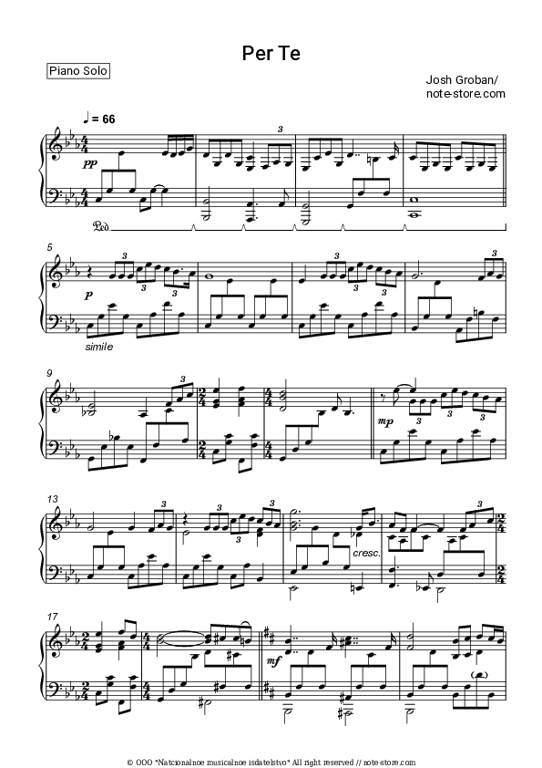 Per Te - Josh Groban Piano Sheet Music - Piano.Solo