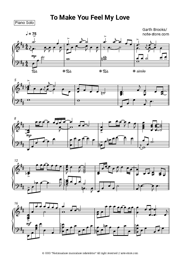 To Make You Feel My Love - Garth Brooks Piano Sheet Music - Piano.Solo