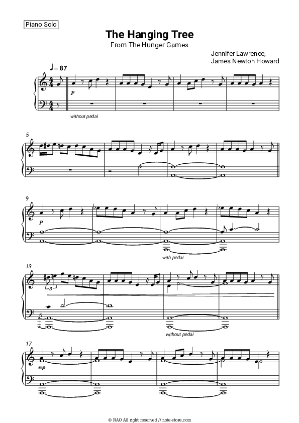 The Hanging Tree (From The Hunger Games) - Jennifer Lawrence, James Newton Howard Piano Sheet Music - Piano.Solo