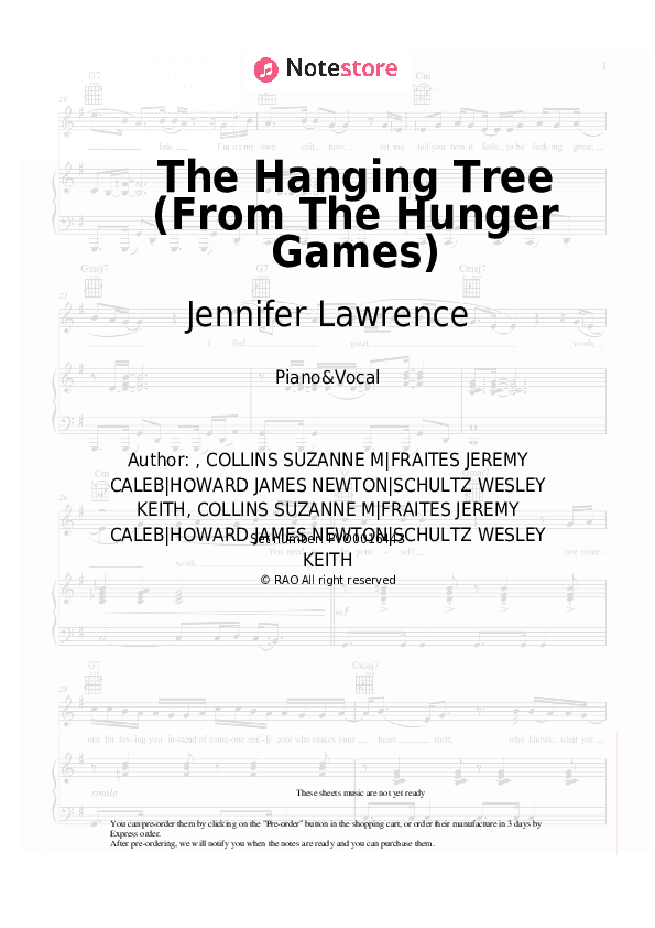 The Hanging Tree (From The Hunger Games) - Jennifer Lawrence, James Newton Howard Piano Sheet Music with the Voice part - Piano&Vocal