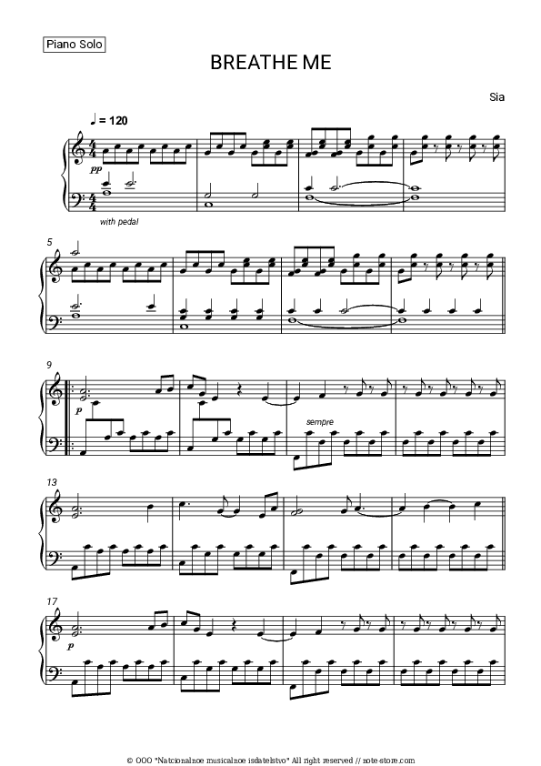 Breathe Me - Sia Piano Sheet Music - Piano.Solo