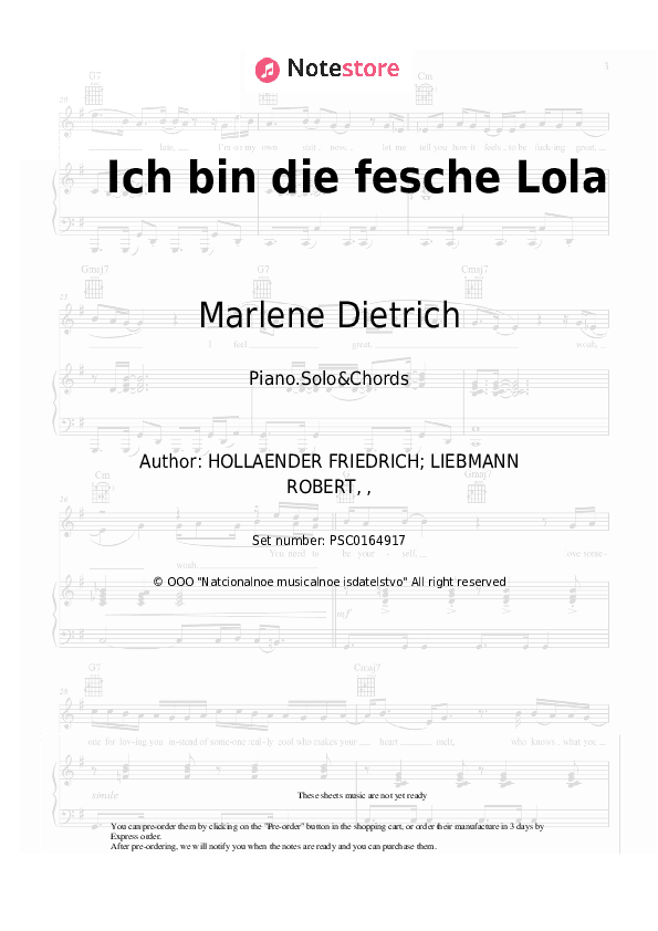 Ich bin die fesche Lola (from 'The Blue Angel') - Marlene Dietrich Piano Sheet Music and Chords - Piano.Solo&Chords