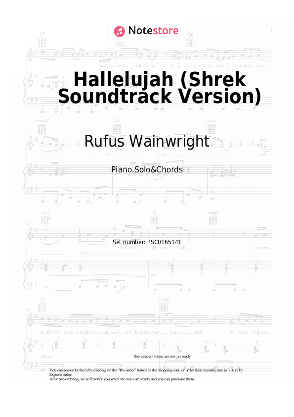 Hallelujah (Shrek Soundtrack Version) - Rufus Wainwright Piano Sheet Music and Chords - Piano.Solo&Chords