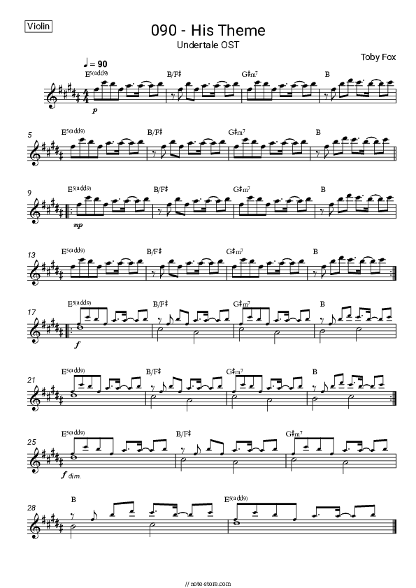 Undertale OST: 090 - His Theme - Toby Fox Violin Sheet Music - Violin