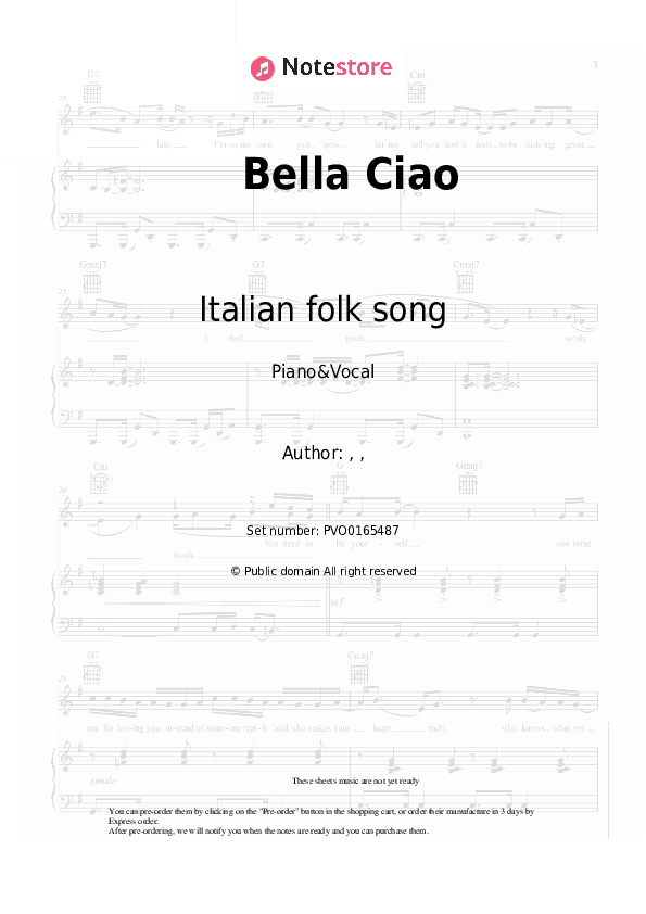 Bella Ciao - Italian folk song Piano Sheet Music with the Voice part - Piano&Vocal