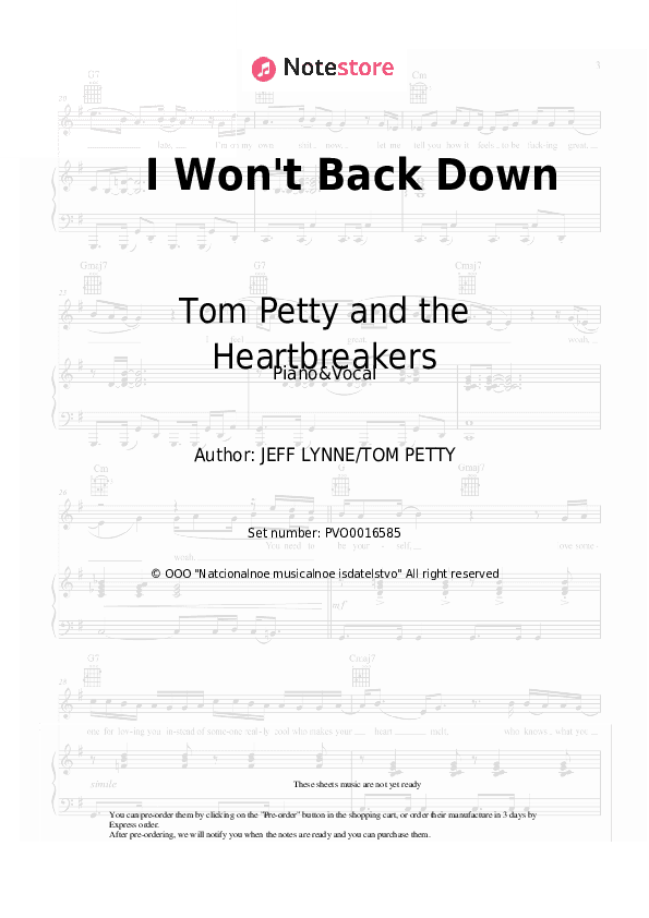 I Won't Back Down - Tom Petty and the Heartbreakers Piano Sheet Music with the Voice part - Piano&Vocal
