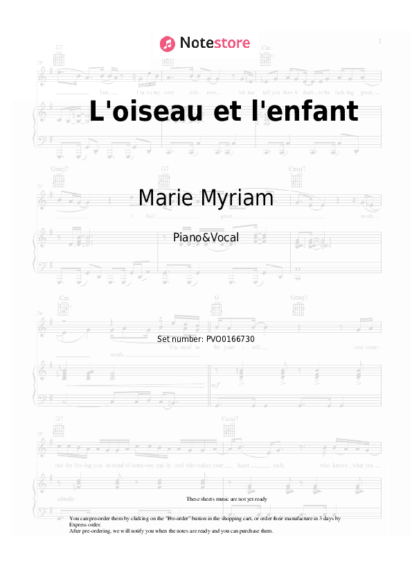 L'oiseau et l'enfant - Marie Myriam Piano Sheet Music with the Voice part - Piano&Vocal