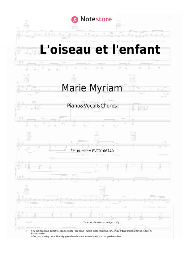 L'oiseau et l'enfant - Marie Myriam Piano Sheet Music with the Vocal and Chords - Piano&Vocal&Chords