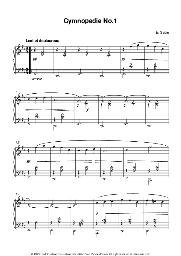 Gymnopedie No.1 Lent et douloureux (D major) - Erik Satie Piano Sheet Music - Piano.Solo