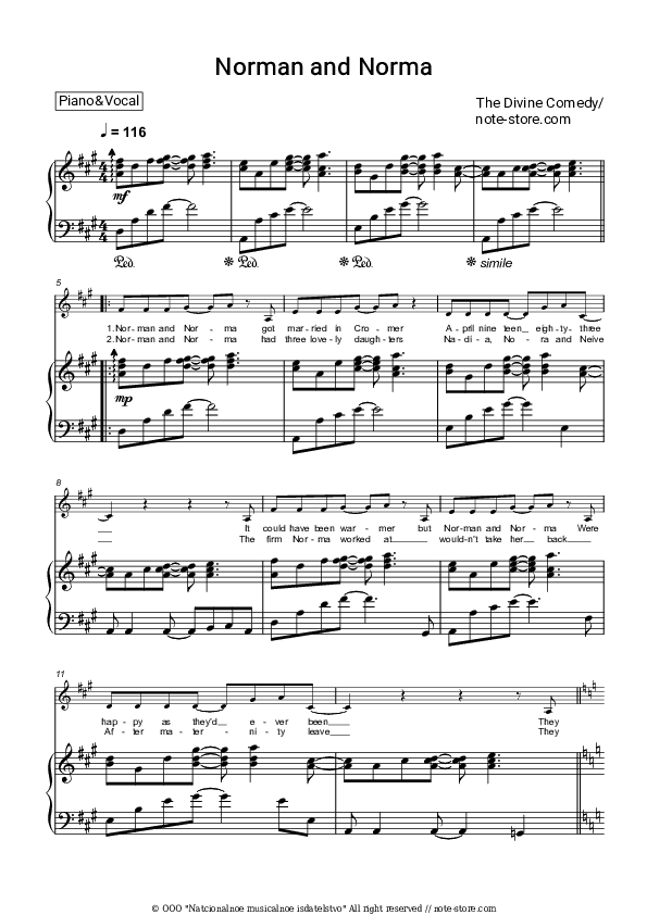 Norman and Norma - The Divine Comedy Piano Sheet Music with the Voice part - Piano&Vocal