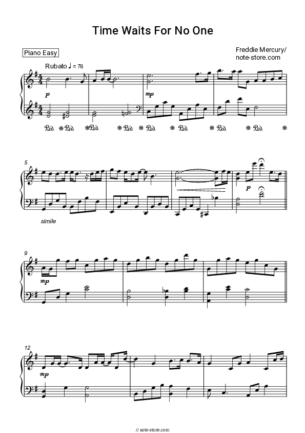 Time Waits For No One - Freddie Mercury Piano Sheet Music Easy - Piano.Easy