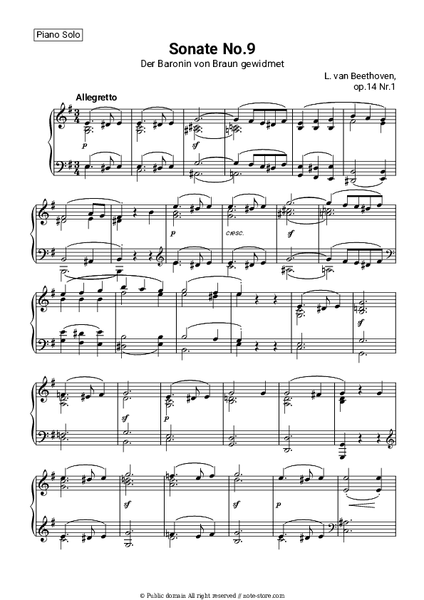 Piano Sonata No. 9, Op. 14 No. 1, II.Allegretto - Ludwig van Beethoven Piano Sheet Music - Piano.Solo