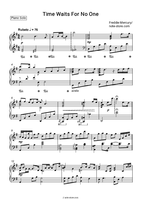 Time Waits For No One - Freddie Mercury Piano Sheet Music - Piano.Solo