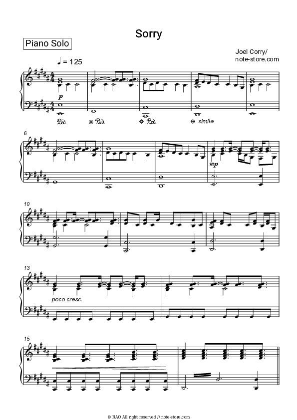 Sorry - Joel Corry Piano Sheet Music - Piano.Solo