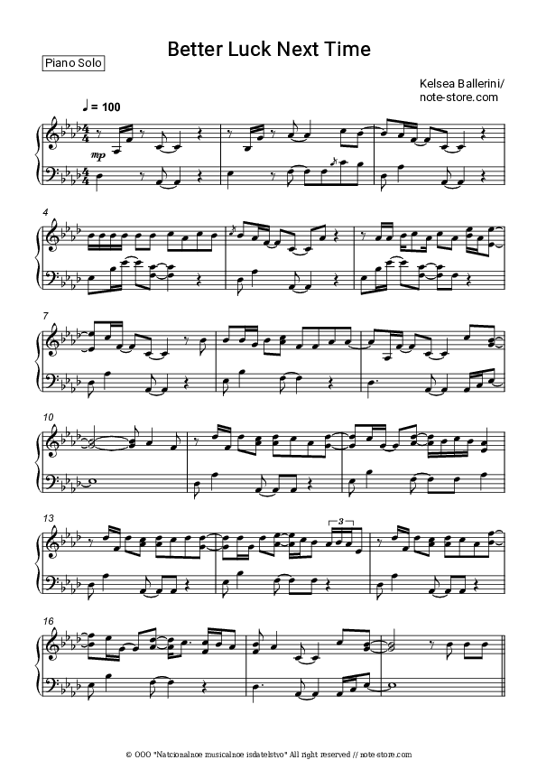 Better Luck Next Time - Kelsea Ballerini Piano Sheet Music - Piano.Solo