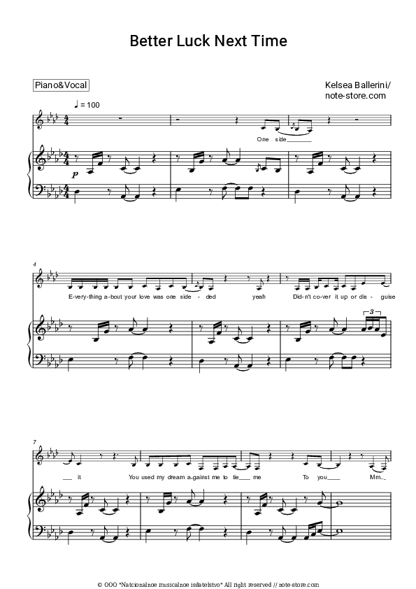 Better Luck Next Time - Kelsea Ballerini Piano Sheet Music with the Voice part - Piano&Vocal