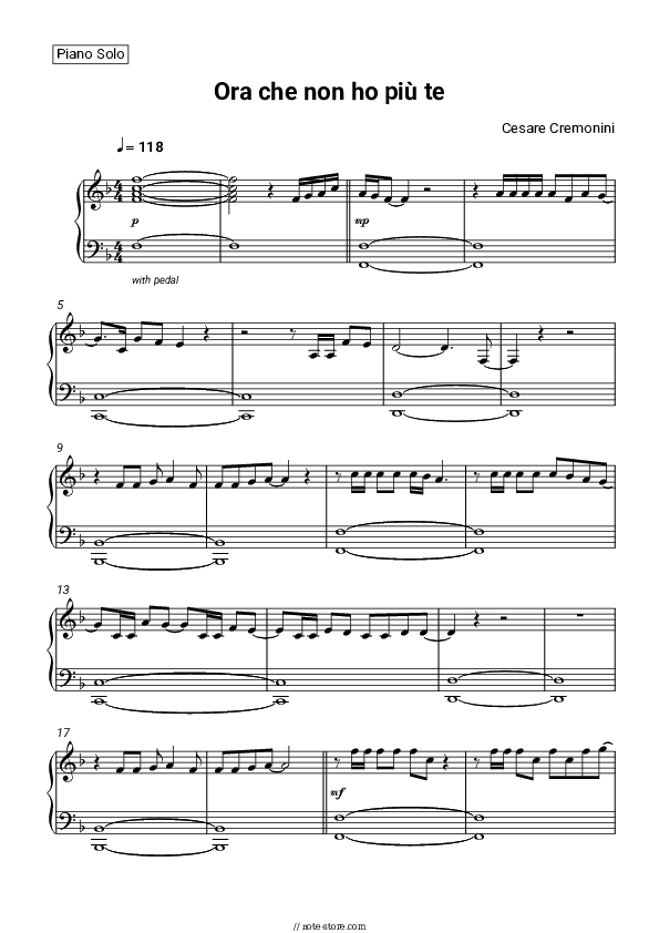 Ora che non ho più te - Cesare Cremonini Piano Sheet Music - Piano.Solo