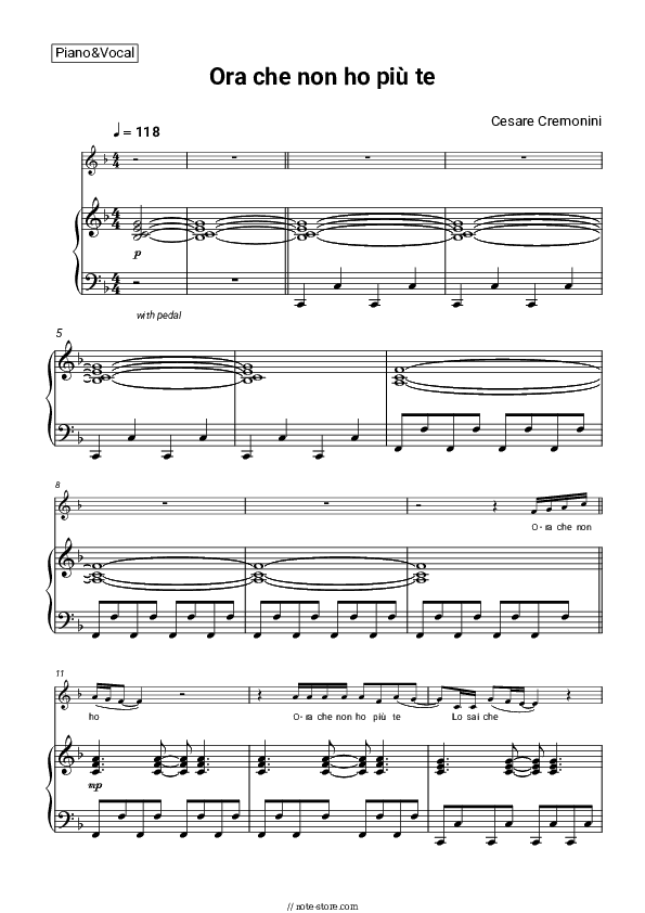 Ora che non ho più te - Cesare Cremonini Piano Sheet Music with the Voice part - Piano&Vocal