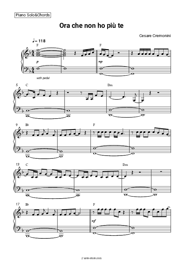 Ora che non ho più te - Cesare Cremonini Piano Sheet Music and Chords - Piano.Solo&Chords