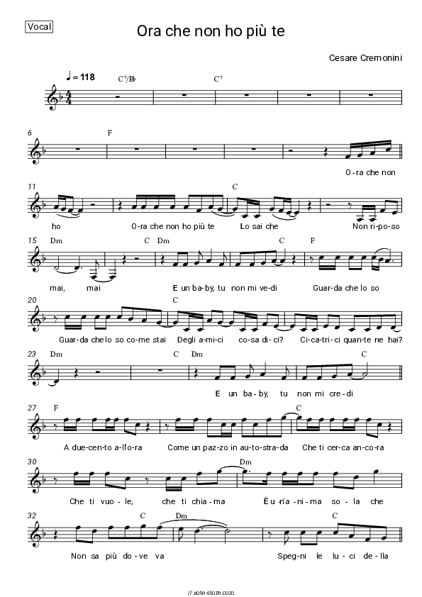 Ora che non ho più te - Cesare Cremonini Vocal Sheet Music - Vocal